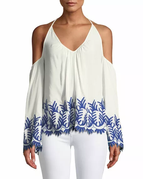 Ramy Brook WHITE/BLUE Damaris Cold Shoulder Embroidered Blouse, US X-Small