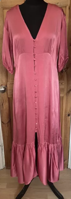 Ghost Izzy Dress Size XL ?16 12/14 Midi Satin Button Down New Warm Pink Rose