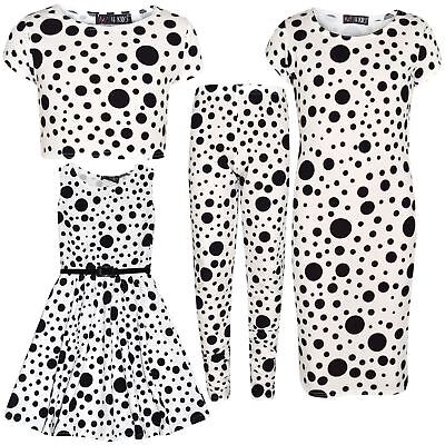 Girls Dresses Kids Black Polka Dot Print Crop Top Legging Midi Skater Dress 7-13