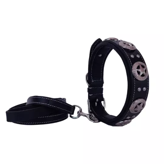 Collier pour chien noir étoile en cuir véritable STG avec laisse assortie...