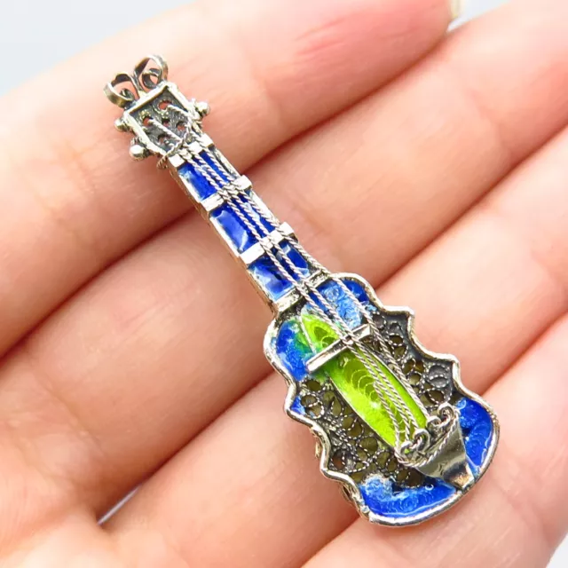 925 Sterling Silver Vintage Colorful Enamel Guitar Musical Instrument Pin Brooch