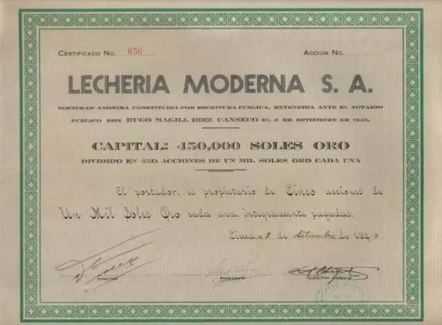 Original Peru 1943 Dairy Lecheria Moderna Co 1000 soles issued 450 uncancelled