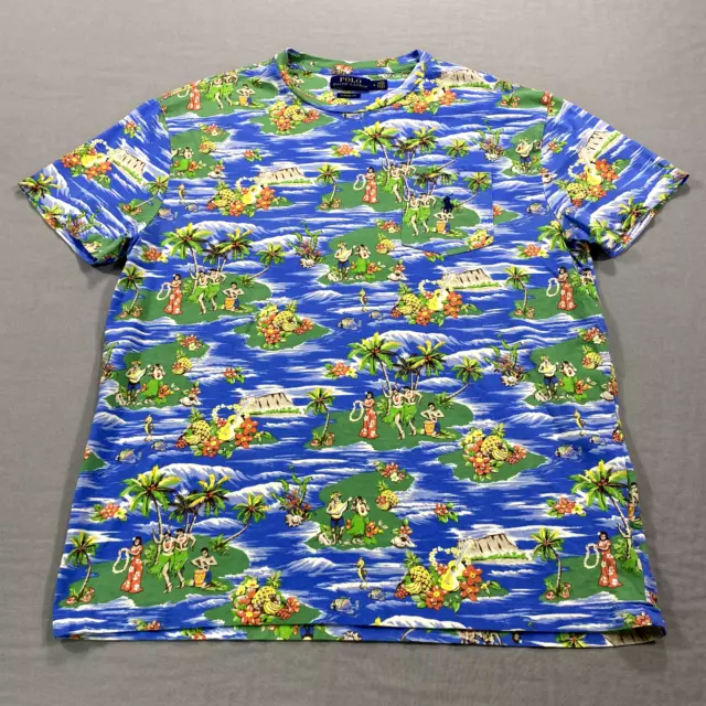 Polo Ralph Lauren Shirt Mens Medium Blue Hawaiian All Over Print Hula Luau