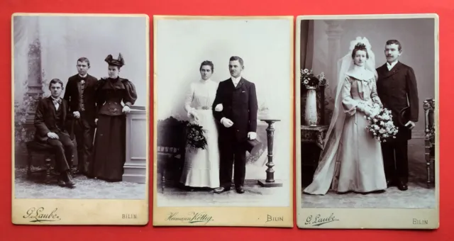 3 x CdV Foto BILIN um 1900 Familie Brautpaar Mode      ( F13606