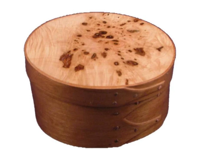 Size #2 Shaker Round Box With Cherry Bands and Maple Burl Top, Lacquer Finish