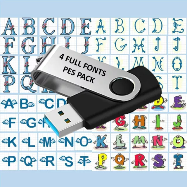 4 fonts set PES designs on USB Machine Embroidery files to embroider cute pack 2