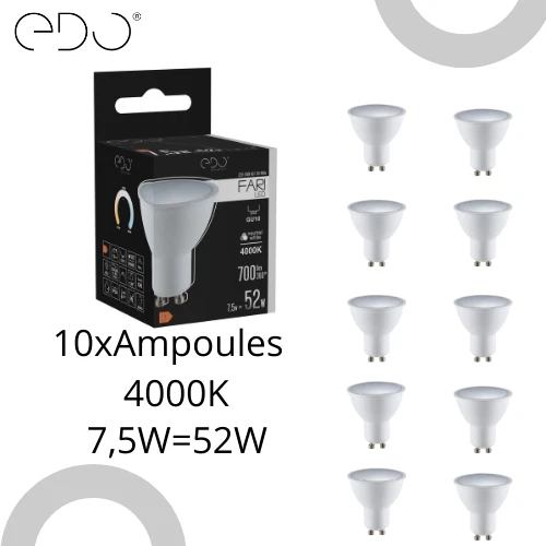 Lot De 10 Ampoules LED GU10 7,5W 4000K EDO - Blanc Neutre, 400-799 Lm, Durée De Vie 30 000h