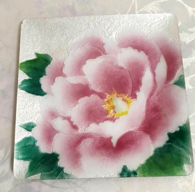 Japanese ANDO cloisonne ware Square peony silver ornamental plate  w7.1"