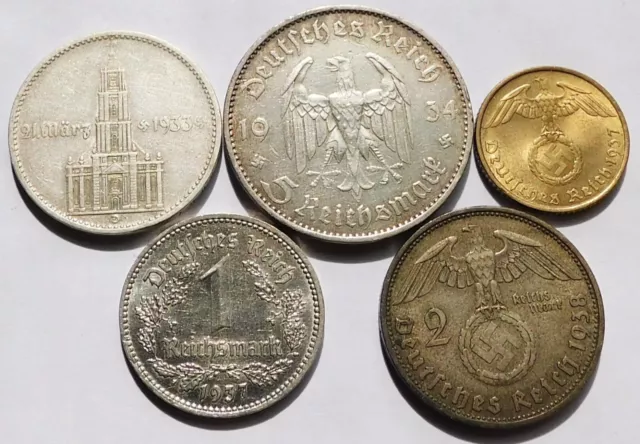 Lot of 5 German 3rd Reich coins, 1933 2 Mark, 1934 5 Mark, 1937 1 Mark, 1938 2 M