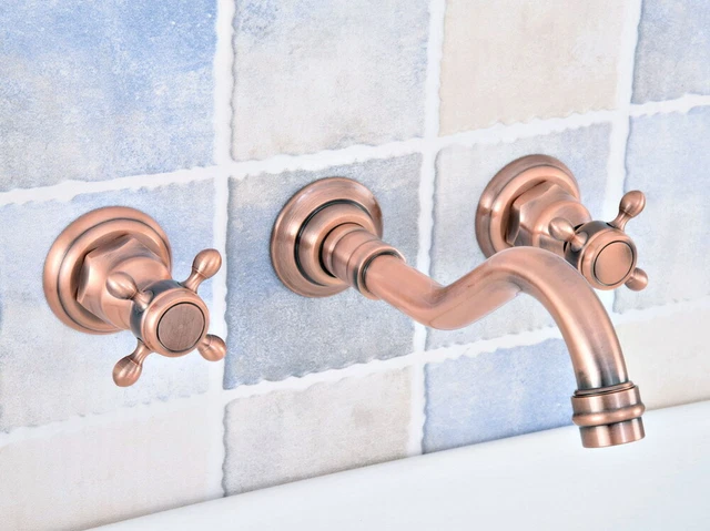 Antique Red Copper Brass 3 Holes Wall Mount Bathroom Tub Sink Faucet Tap ssf521