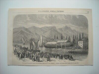 Gravure 1861. Lancement Du Yacht A Vapeur La Couronne-De-Savoie, Lac D’annecy...