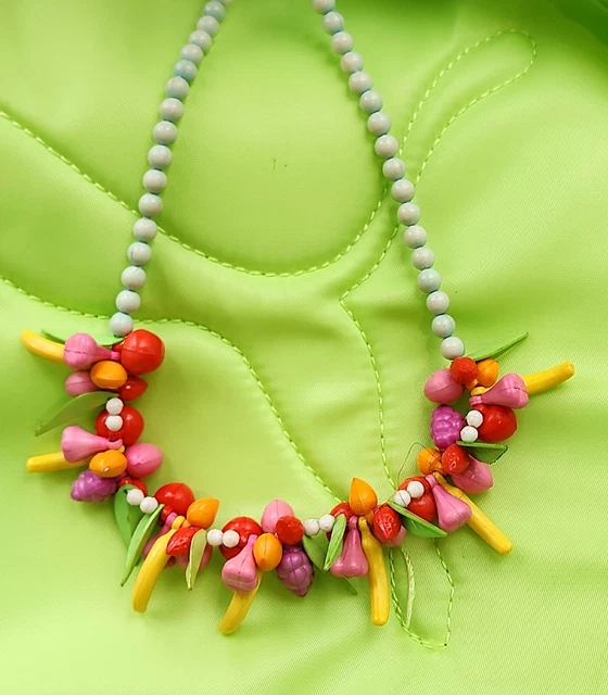 Vintage MOD Lucite Plastic Bright Fruit Salad Necklace 16 Inches - Retro 1980's