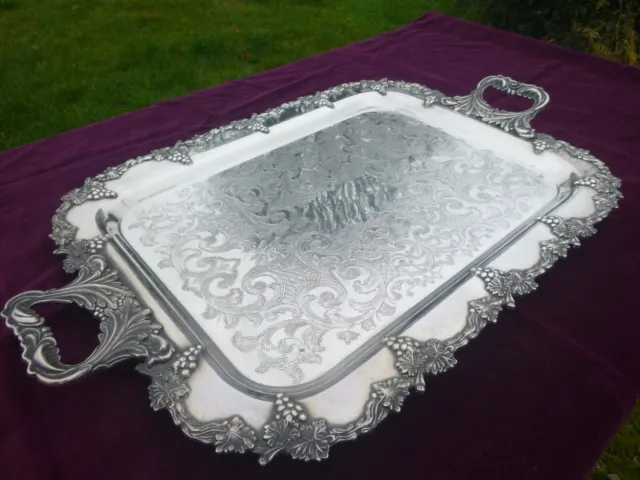 SUPERB LARGE 25"ANTIQUE SILVER PLATE on COPPER DRINKS BUTLER'S SERVING TRAY