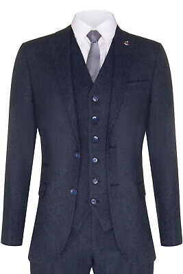 Mens Navy Blue 3 Piece Tweed Wool 1920s Suit Peaky Blinders Classic Tailored