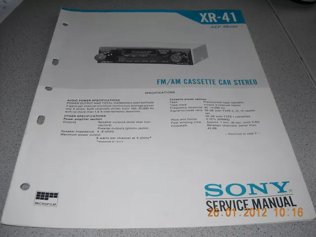 SONY XR-41 FM/AM Cassette Car Stereo Service Manual