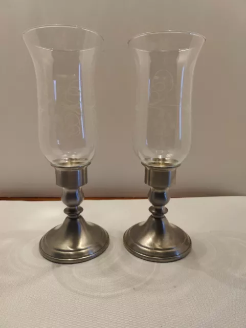 2 Vtg WEB Weighted Pewter Candlesticks Etched Glass Hurricane Shades