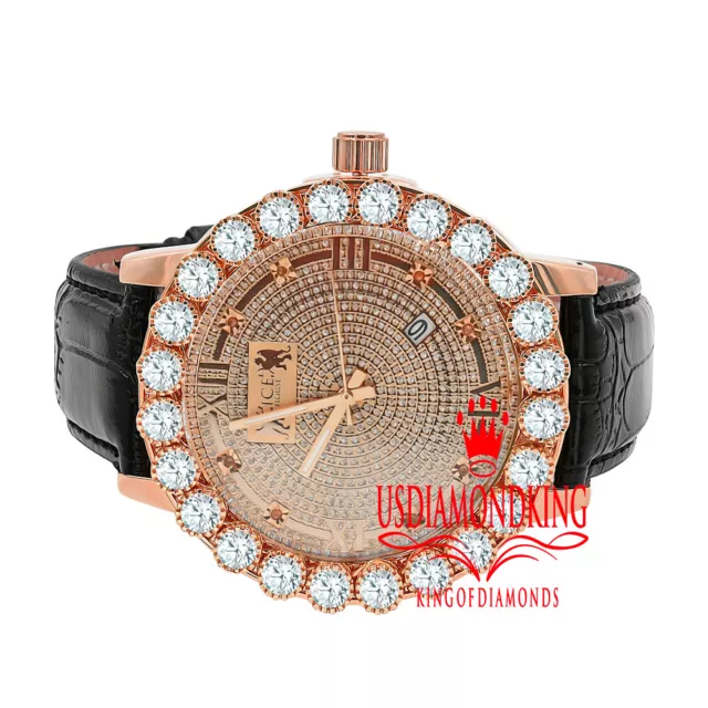 Mens Real Diamonds Dial Rose Gold Solitaire Bezel Khronos Genuine Leather Band