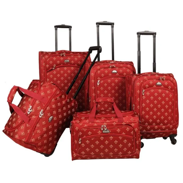 American Flyer Fleur de Lis Fabric 5 Piece Spinner Luggage Set in Red
