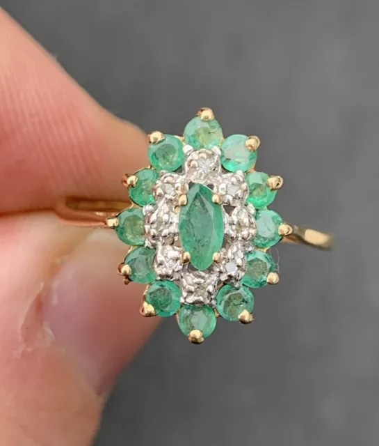 9ct Gold Emerald & Diamond Large Cluster Ring, 9k 375
