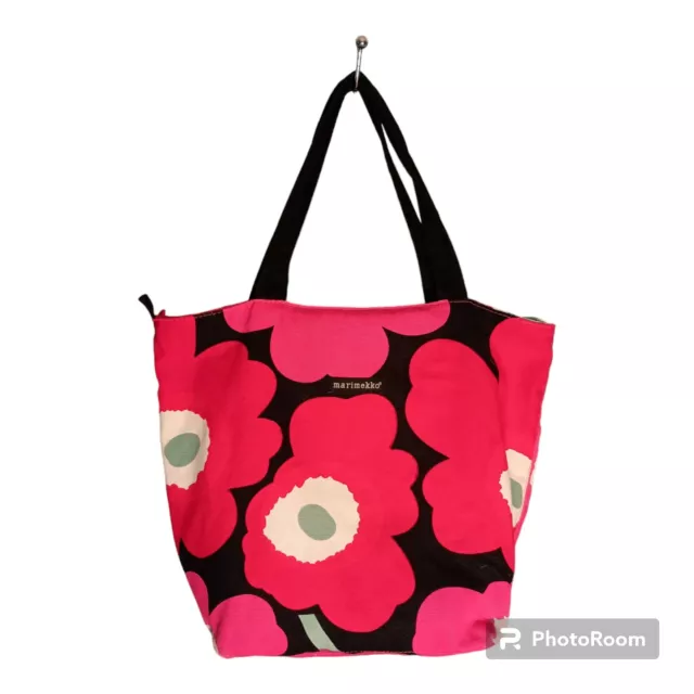 Marimekko Ziptop Cotton Tote Bag Red Pink Floral Poppy Avon For Breast Cancer