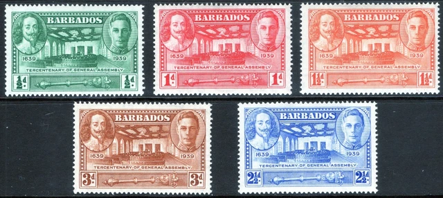 Barbados 1939 KGVI Tercentenary of General Assembly set of 5 mint stamps LMM