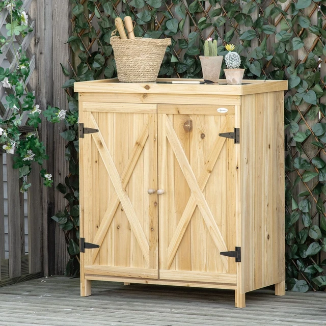 Garden Storage Cabinet Outdoor Tool Shed with Galvanized Top and Two Shelves