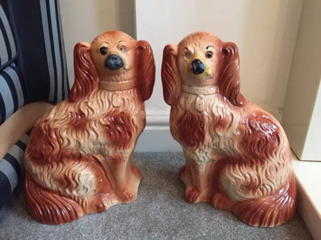 Antique Pair of Staffordshire Flat Back Mantle Piece Wally Dogs in Cream & Brown