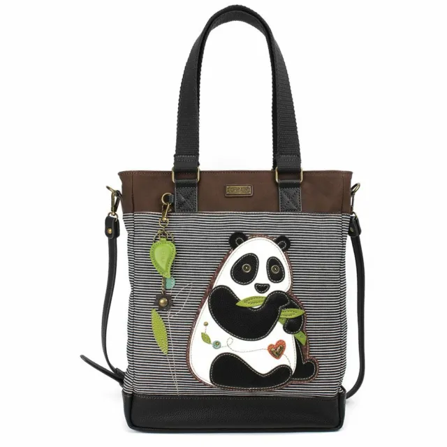 New Chala White Black Stripe Playful Panda Work Tote Purse Faux Leather Canvas