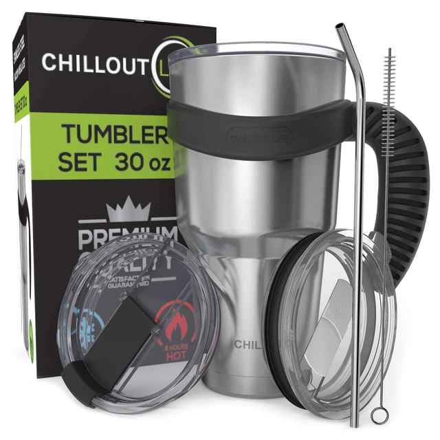 Stainless Steel Travel Mug w/ Handle 30oz - 6 Pc Set. Tumbler,Straw,Brush & Lids