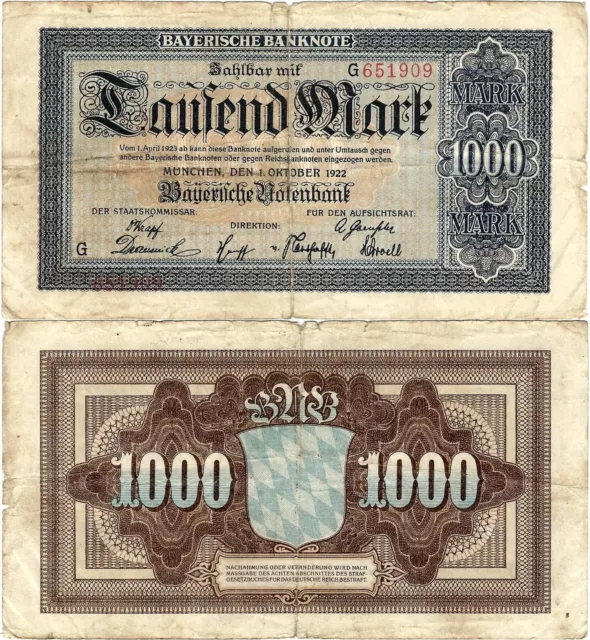 Länderbanknote 1000 Mark 1922 München Bayerische Notenbank BAY5a P-S924(1)