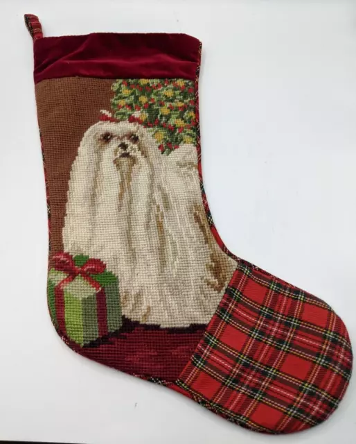 Needlepoint Christmas Stocking Maltese Dog  Wool & Velvet