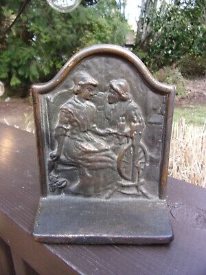 Alden and Priscilla~1928~antique single (1) bookend~cast iron~library~study~OLD~