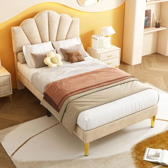 BEIGE VELVET SINGLE Bed 3ft Adjustable Headboard Wooden Frame Gold Legs