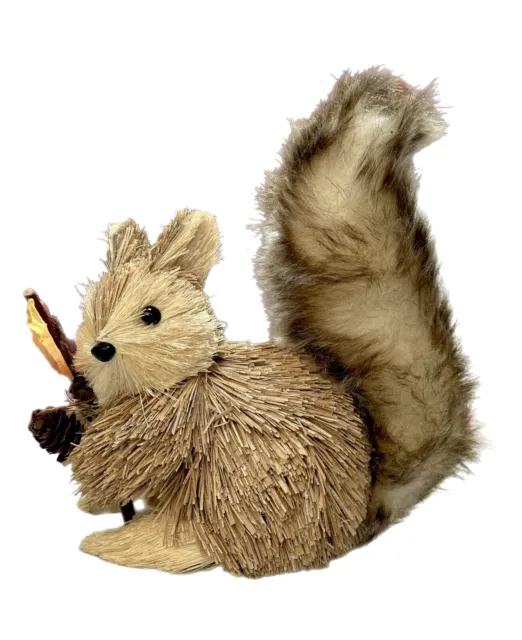 Thistle Squirrel With Fur Tail Holding Pinecone 7”