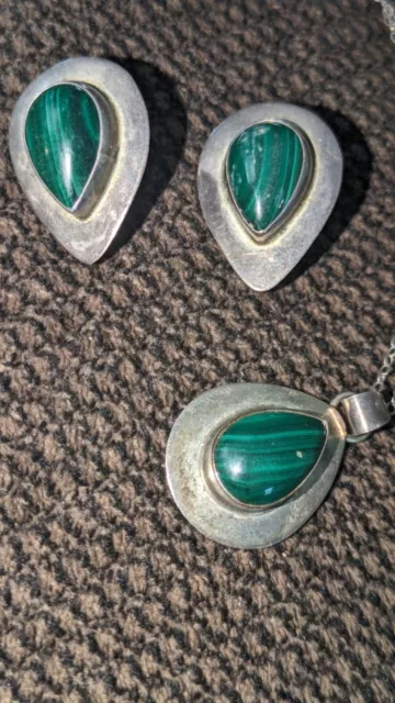Lovely Vintage Sterling Silver Paula Armstrong Malachite Necklace Earrings Set 2