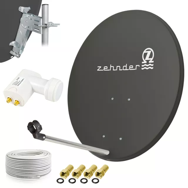 ZEHNDER Digitale SAT Anlage 80cm Spiegel Schüssel + Twin LNB 20m Kabel HDTV HD d