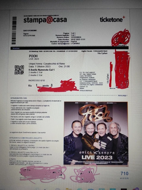 Biglietto Concerto Pooh 7 ottobre unipol arena
