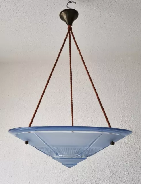 Tolle Art Deco Schalenlampe- blauer verzierter Schirm & Kordelaufhängung um 1930