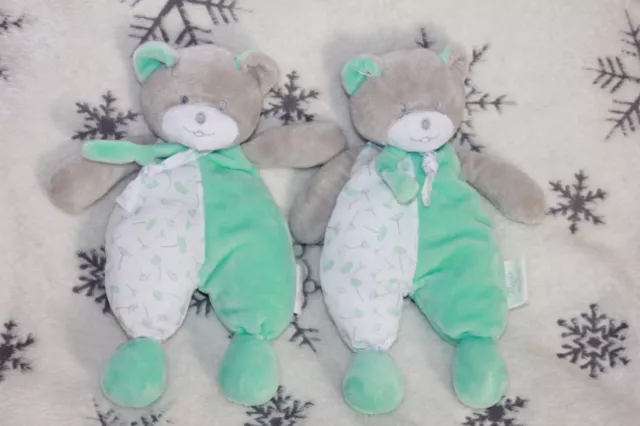 doudou peluche MUSTI MUSTELA OURS GRIS VERT BLANC FLEUR LOT  2 NEUFS