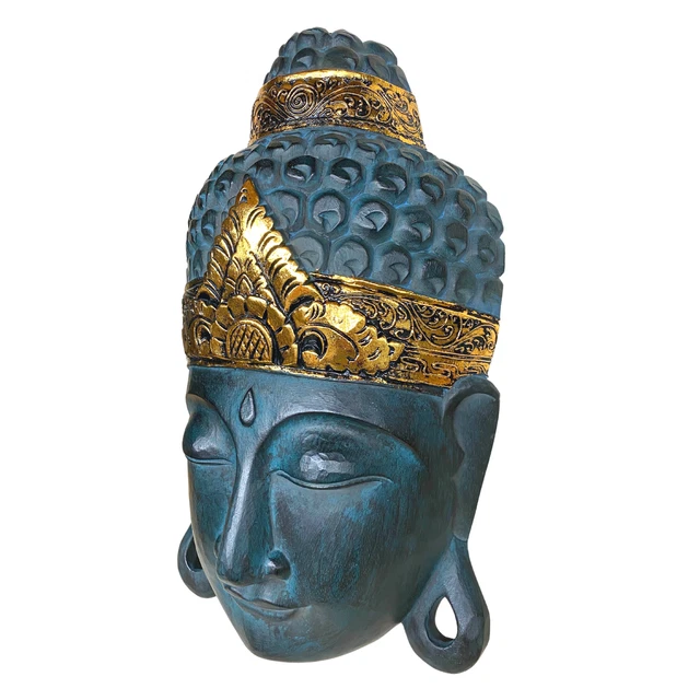 Serene Buddha Mask wall art sculpture Balinese Carved Wood Asian Home Decor Teal 3