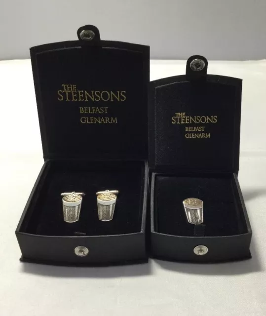 Steensons of Belfast Sterling Silver Clover Stout Pint Cufflinks and Tiepin Set