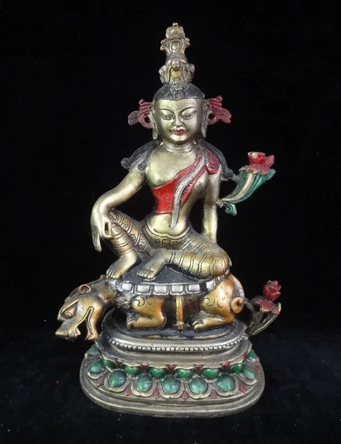 Rare Chinese Old Gilt Bronze Tibetan Buddha Sitting Beast Statue