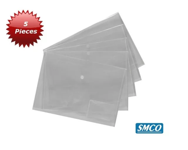 5 PLASTIC A4 Plus DOCUMENT FOLDERS Popper Wallets PRESS STUD CLOSE Clear BY SMCO