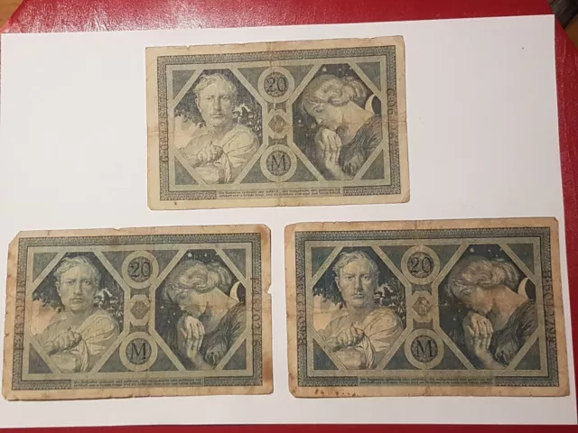 3x 20 Reichsmark Reichsbanknote Berlin German Empire 1915 WW1,TOP Über 100 Jahre 2