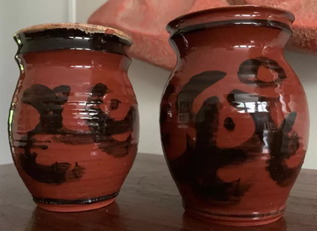 Pair Vintage 1970s Hand Painted Ceramic Vases Planters Mid Century Modern Deyoe
