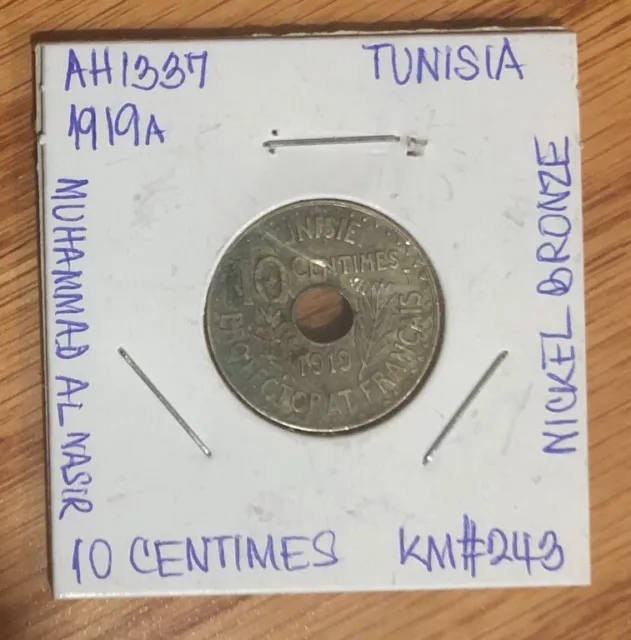 1919A/AH1337 Tunisia 10 Centimes Nickel Bronze Coin-KM#243-Muhammad Al Nasir