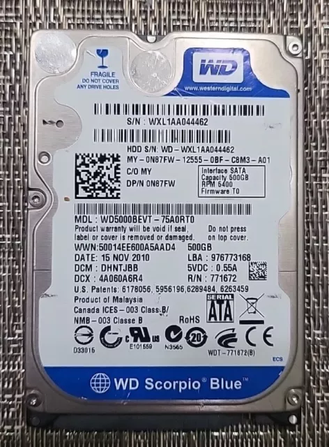 Western Digital WD Scorpio Blue 500GB 2.5" SATA Hard Drive WD5000BEVT-75A0RT0