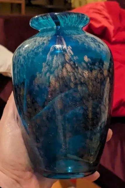 Teal Blue & Gold Hand Blown Art Glass Vase