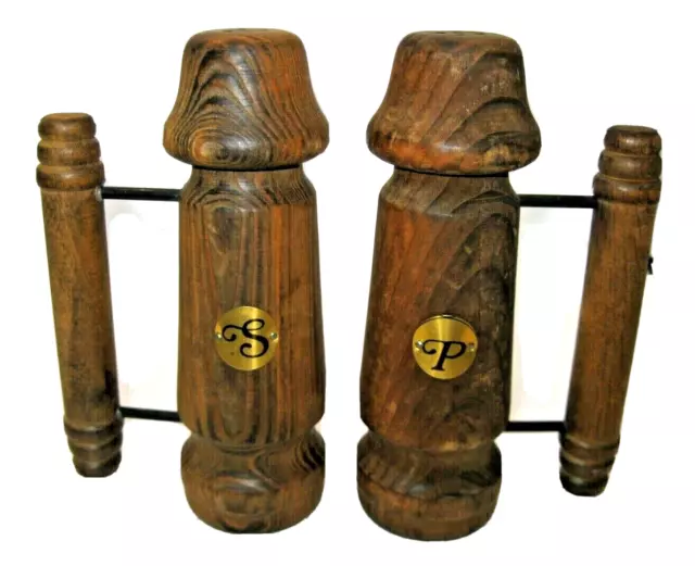 Agitadores de sal y pimienta de madera con asas para el torso de hongos grandes etiquetas de metal mate