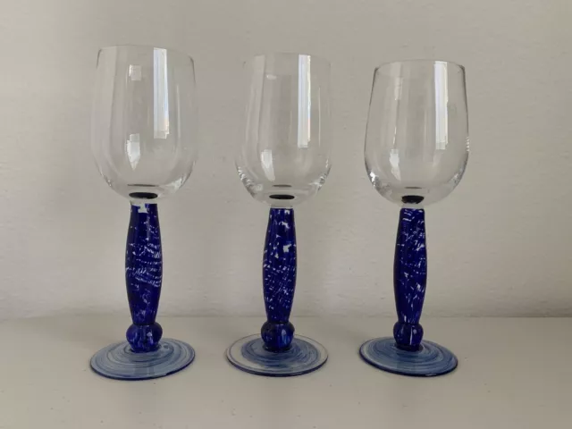 Langham Wine Glasses Clear Cup Cobalt Spatter Stem Made N Norfolk England 8 3/4” 2